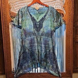 live and let live Teal and Navy Paisley Lace-Trim V-Neck Tunic